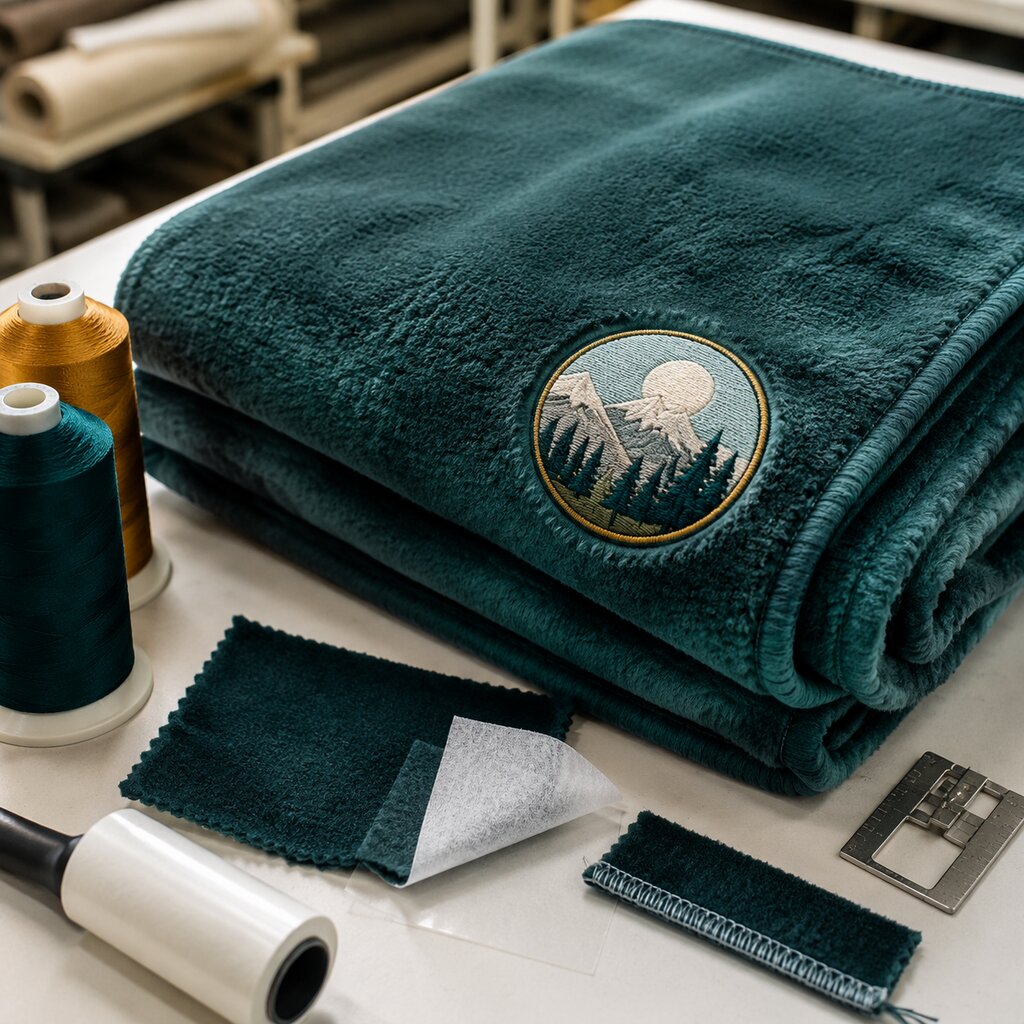 Folded fleece blanket with unbranded embroidered patch samples, backing swatches, and stitching tools on a textile worktable