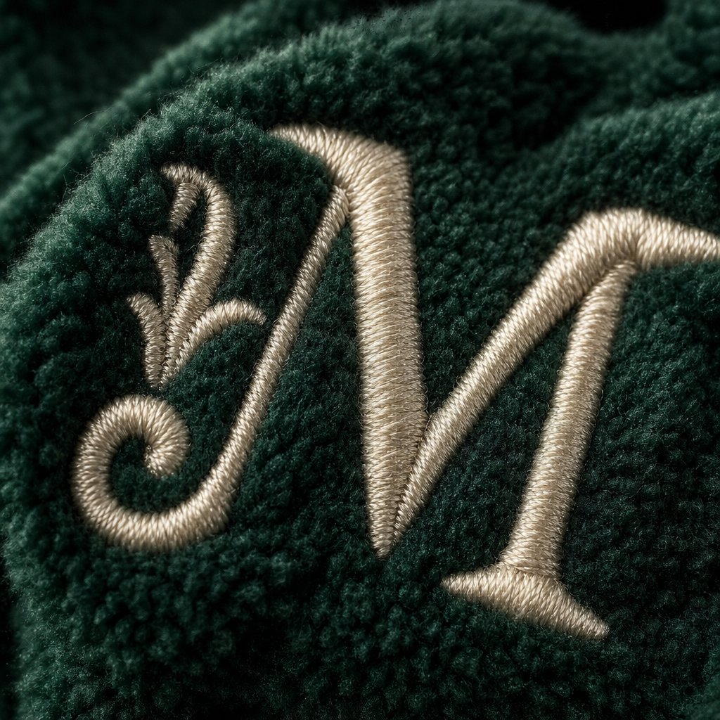 Macro of cream-thread embroidered monogram on forest green fleece blanket showing every stitch