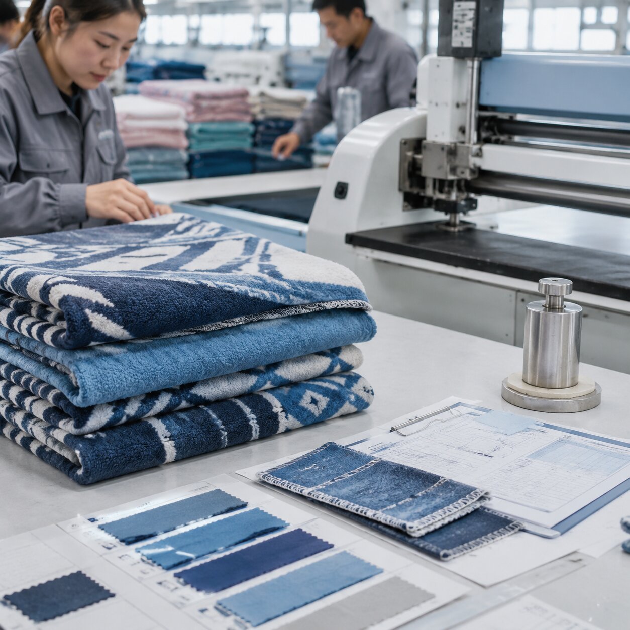 Folded 220gsm RPET brushed beach blankets in a QC area with fabric swatches, GSM cutter, colour standards and UV test paperwork
