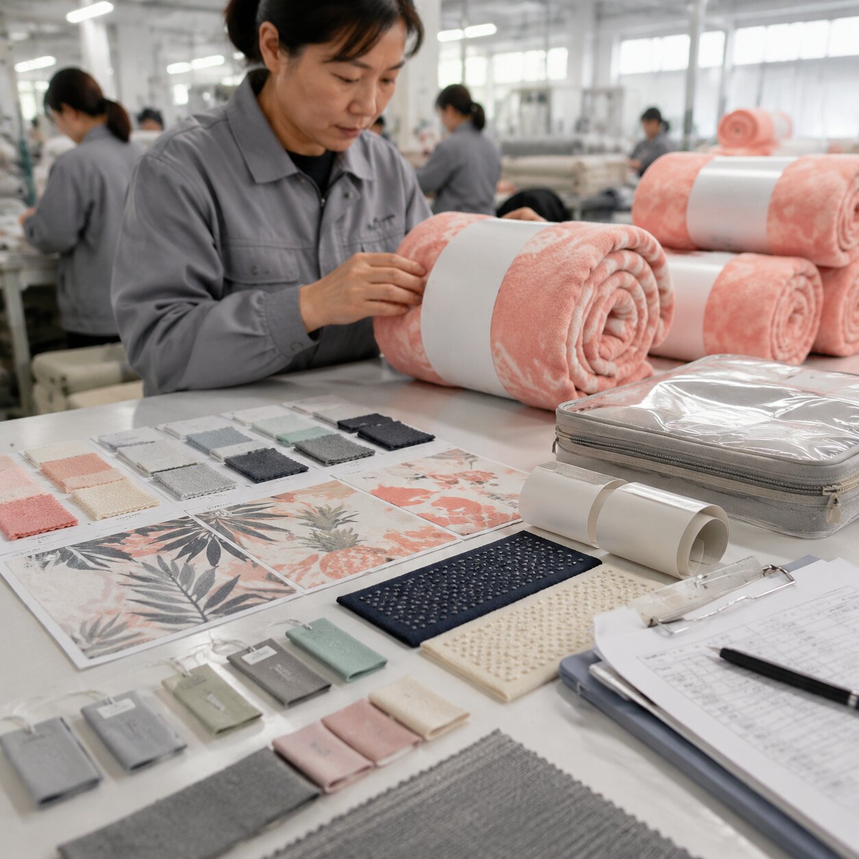 220gsm coral fleece kids throw blanket fabric under lab review with colour swatches and compliance test paperwork