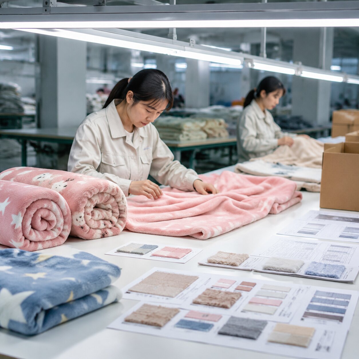 Stacked 240gsm coral fleece baby throws on a QC table beside lab test reports, swatches, and packaging proofs