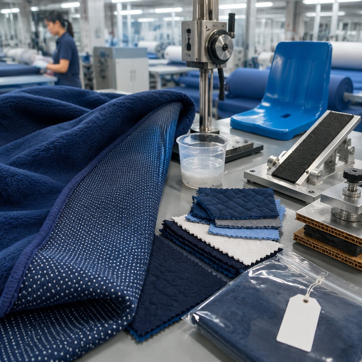 Close view of grey 200gsm polar fleece with white EVA anti-slip dots being checked on a mill inspection table