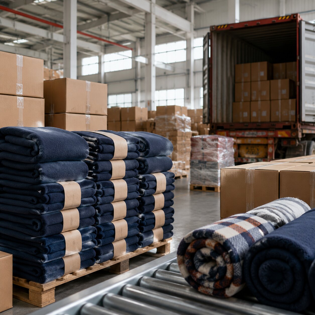 Stacks of folded 160gsm fleece blankets beside labelled export cartons, pallet wrap, and a container loading area in a textile factory