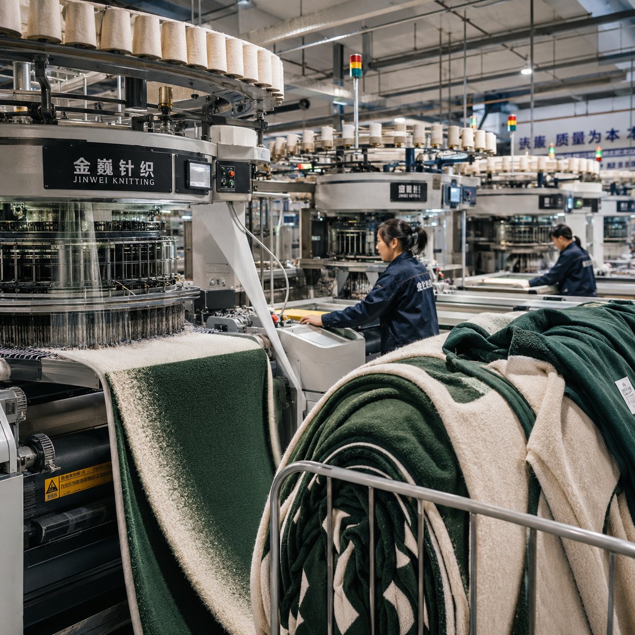 Modern textile factory floor with rows of industrial looms producing fleece blankets at FIELDLOOM