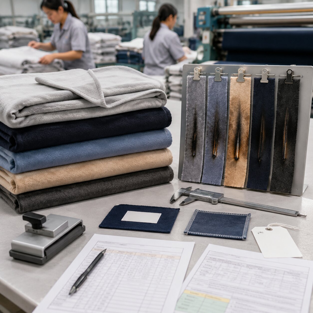 170gsm blue polyester airline blanket samples with burn test report, ruler and fabric swatches on a mill inspection table