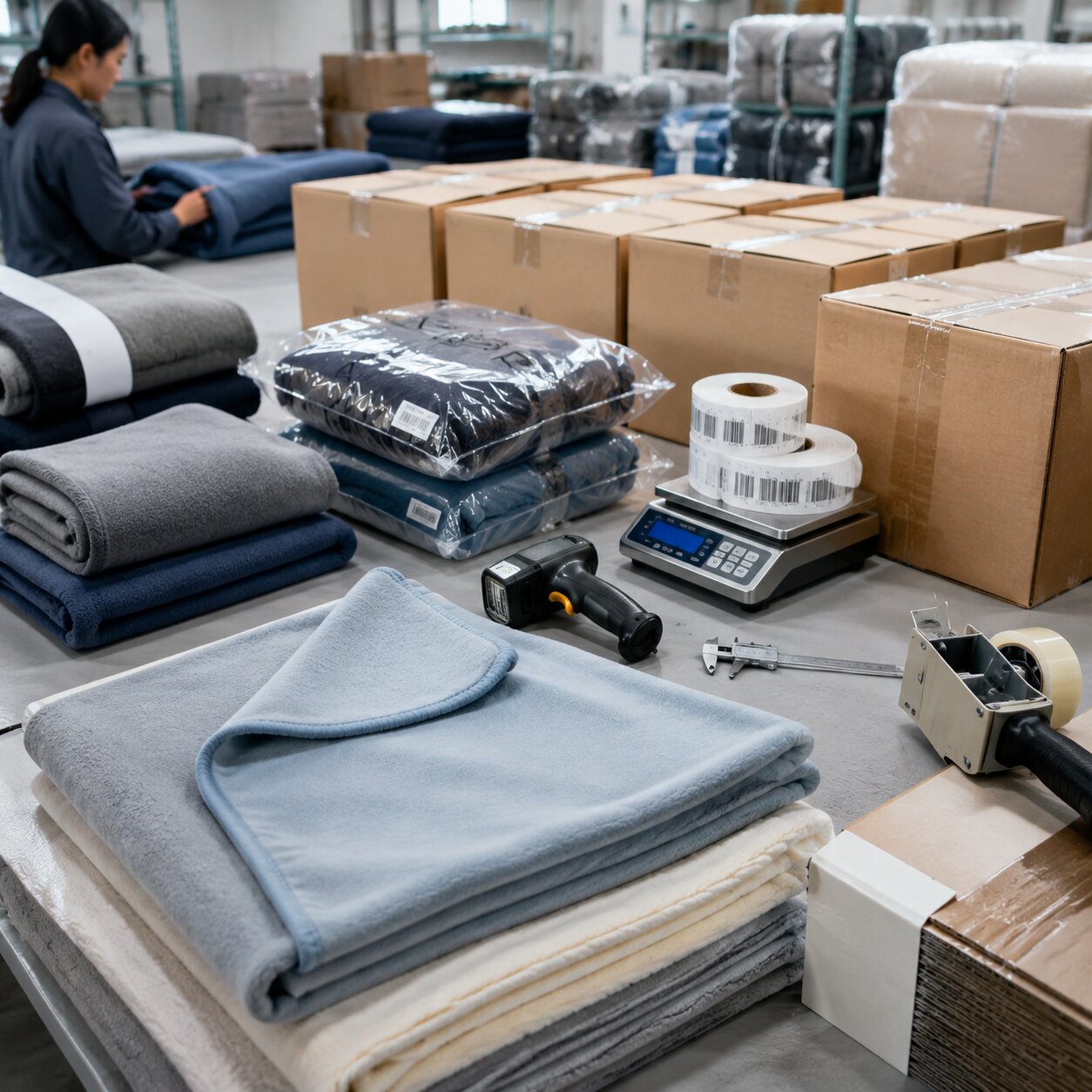 180gsm microfleece throws folded in clear suffocation-warning polybags with barcode labels, carton labels, carton scale and sealed export cartons