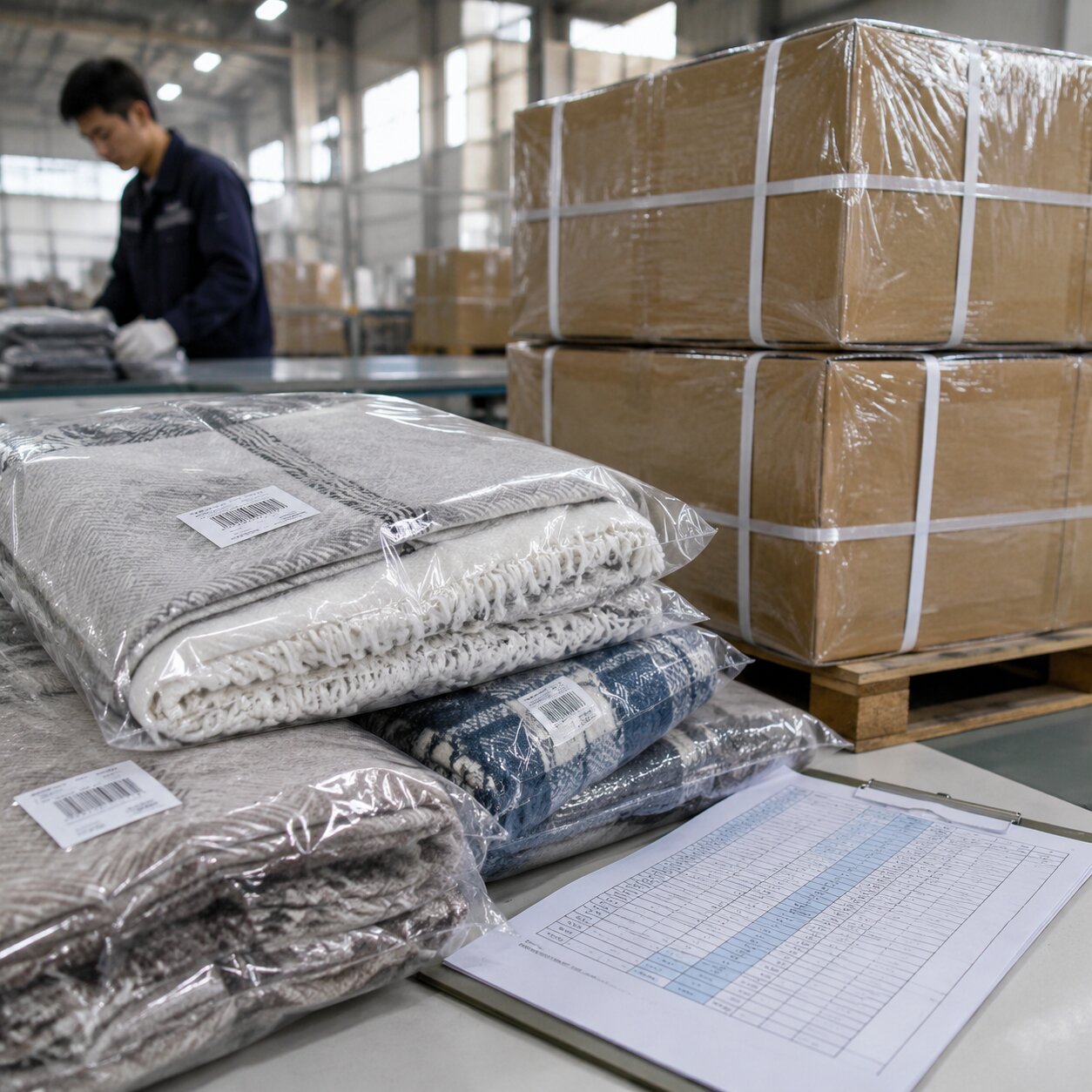Mixed colour 130x170cm fleece throws packed in labelled export cartons on a consolidation pallet