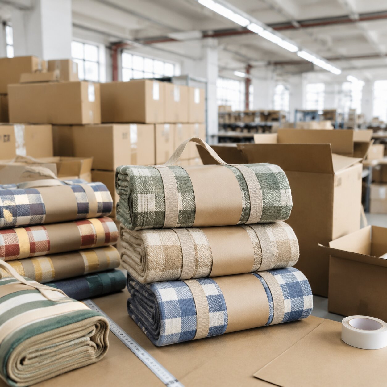 Stacked 260gsm cotton-poly picnic blankets with woven carry straps beside packed export cartons in a Shenzhen warehouse