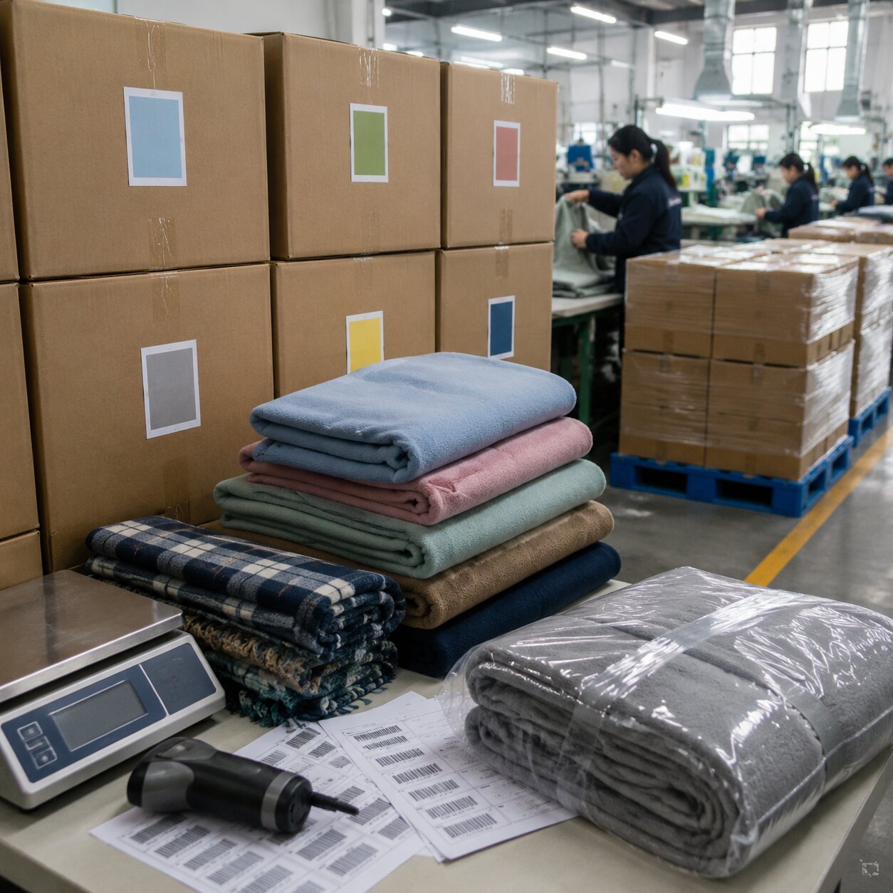 Master cartons of folded 220gsm promotional fleece blankets sorted by logo and colour for FCA Yiwu handover