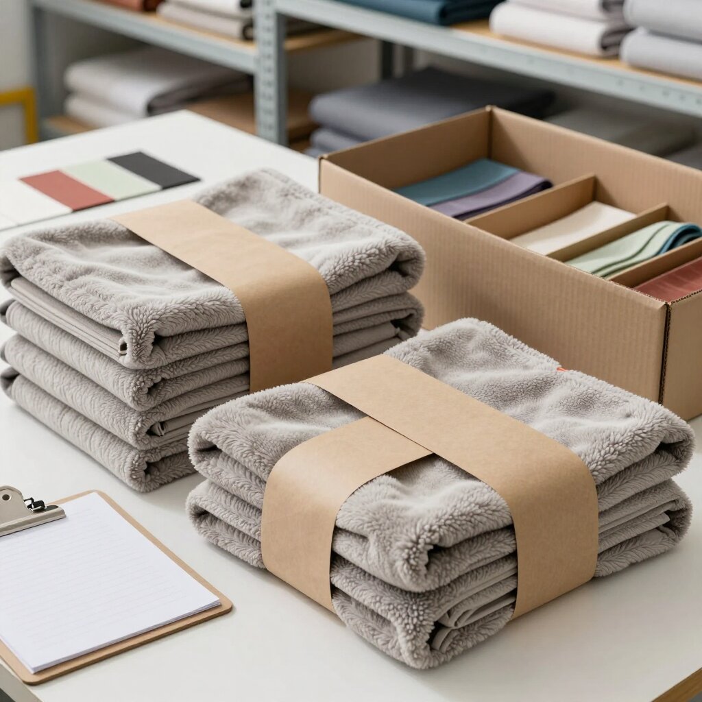 Folded polar fleece throw blankets with paper belly bands beside an open inner carton for SKU mix checking.
