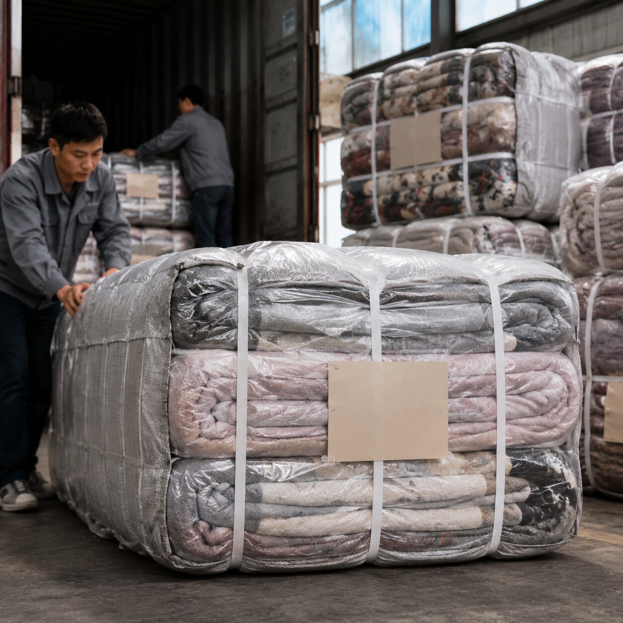 Compressed vacuum bales of 400gsm raschel mink blankets stacked for outbound loading
