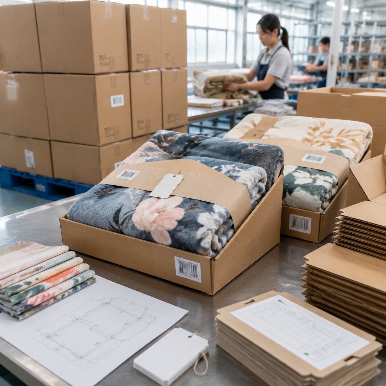 Store-ready coral fleece throws folded into printed PDQ trays beside export cartons on a factory packing line