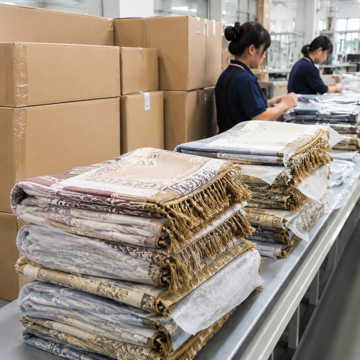 Folded 350gsm acrylic prayer blankets with fringe sleeves beside export cartons prepared for Dubai shipment