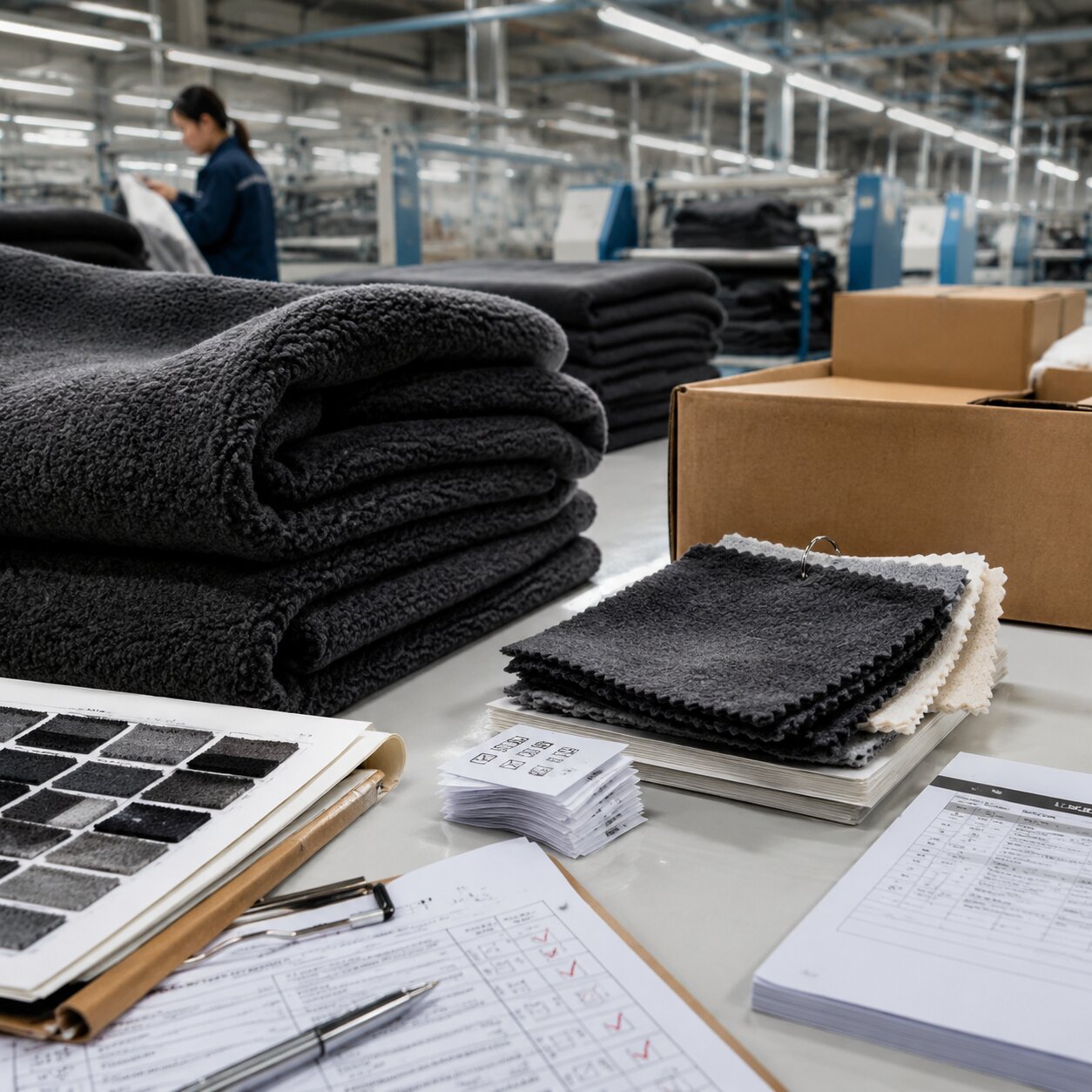Folded charcoal polyester fleece blankets on a packing table with fire-test sample labels, carton markings and QC paperwork