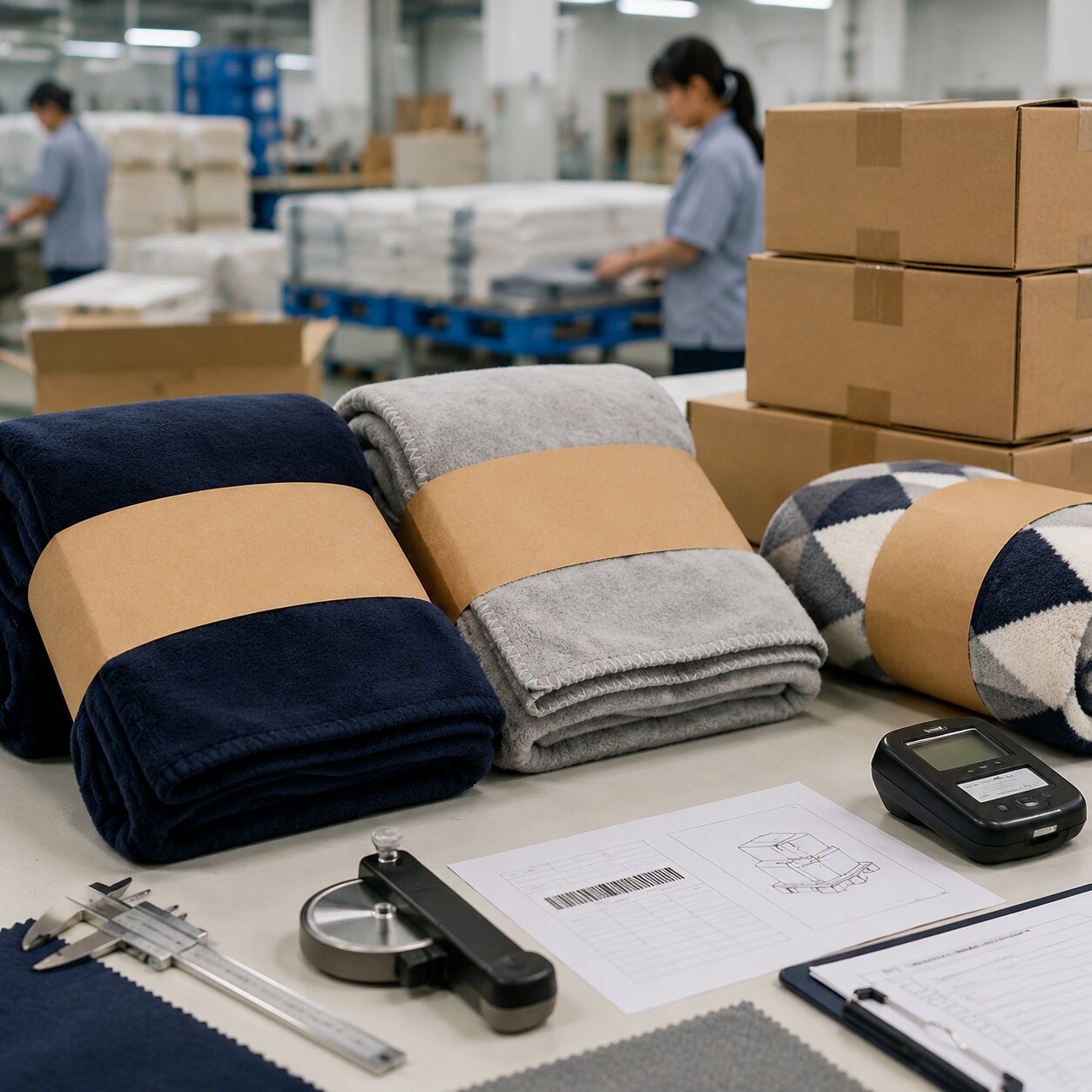240gsm microfiber travel throws folded with FSC paper belly bands in export cartons on a packing table