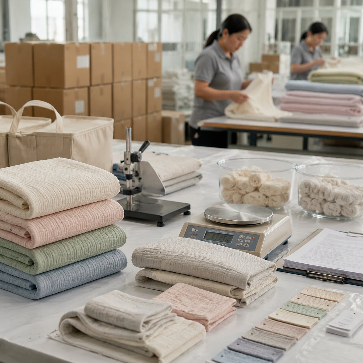 Folded 220gsm organic cotton muslin swaddle blankets with fabric swatches, test report folder and private-label belly bands on a QC table