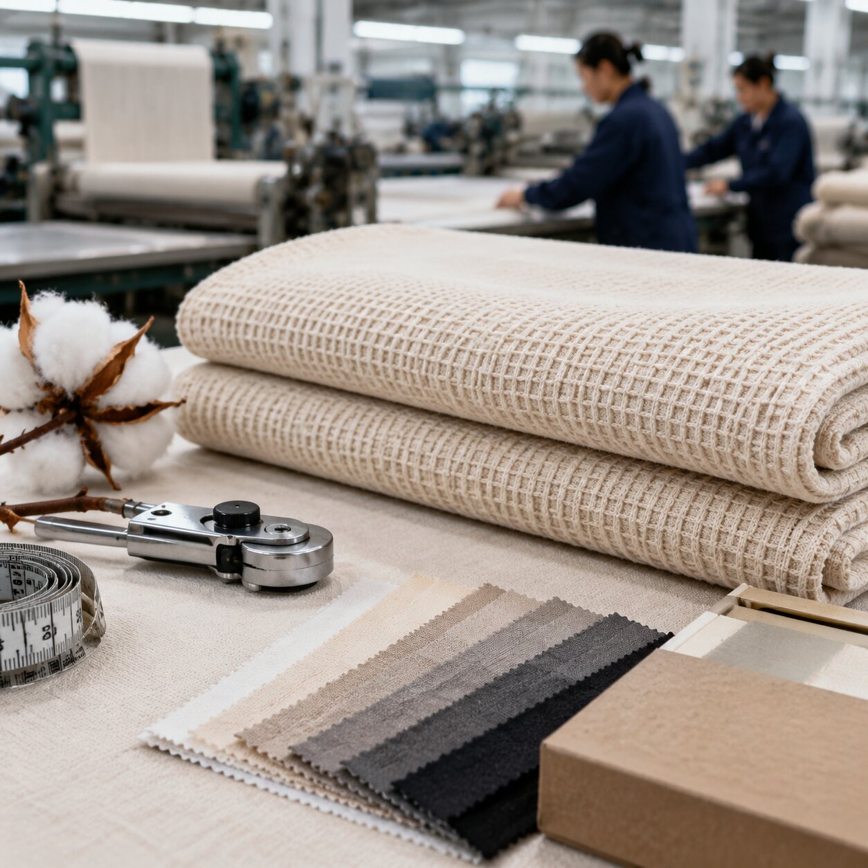 Undyed organic cotton waffle blanket fabric with woven texture, folded spa blanket samples and QC measuring tape on a mill table