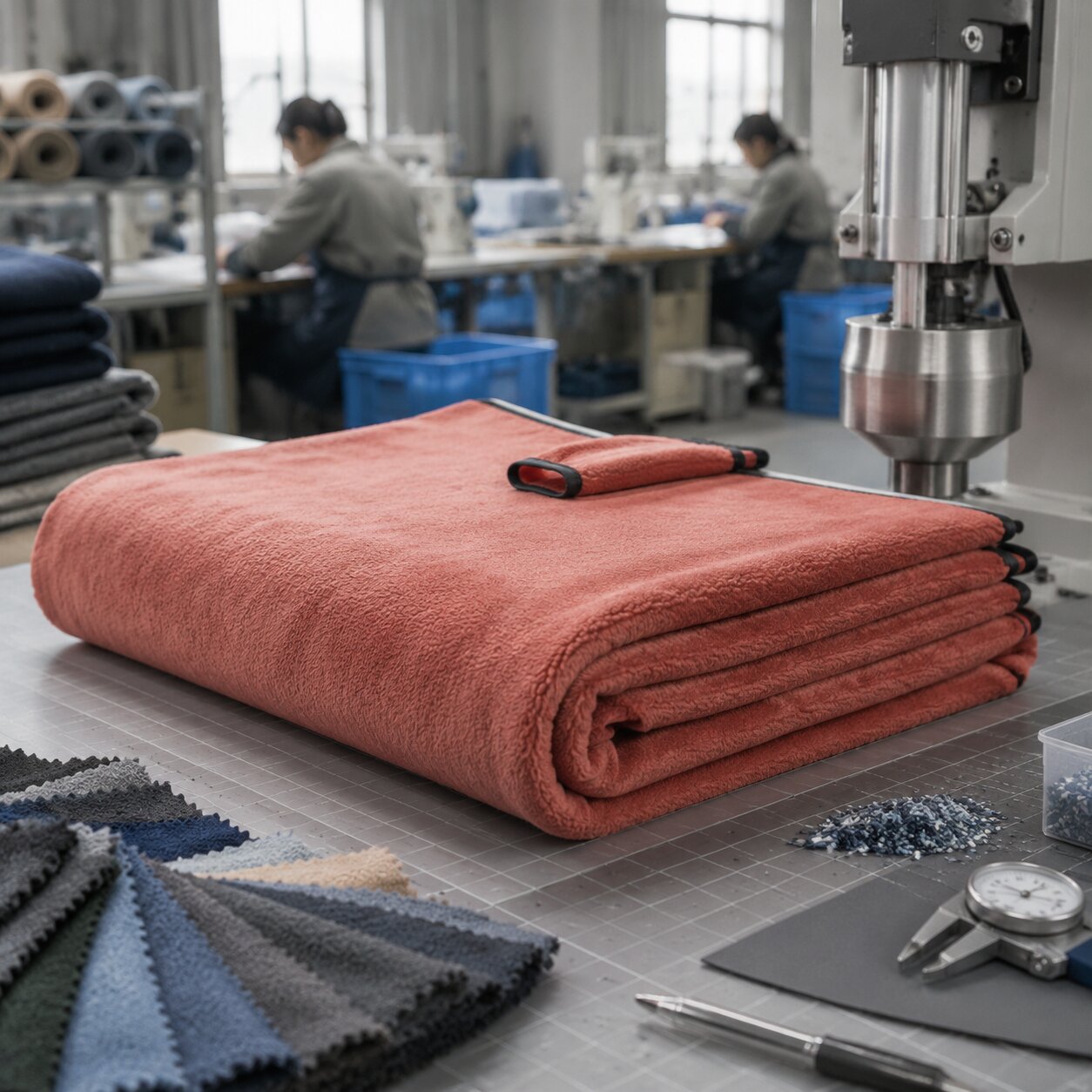 Folded GRS-certified RPET coral fleece picnic blanket with ultrasonic edge seal and woven label on a cutting table in a textile factory