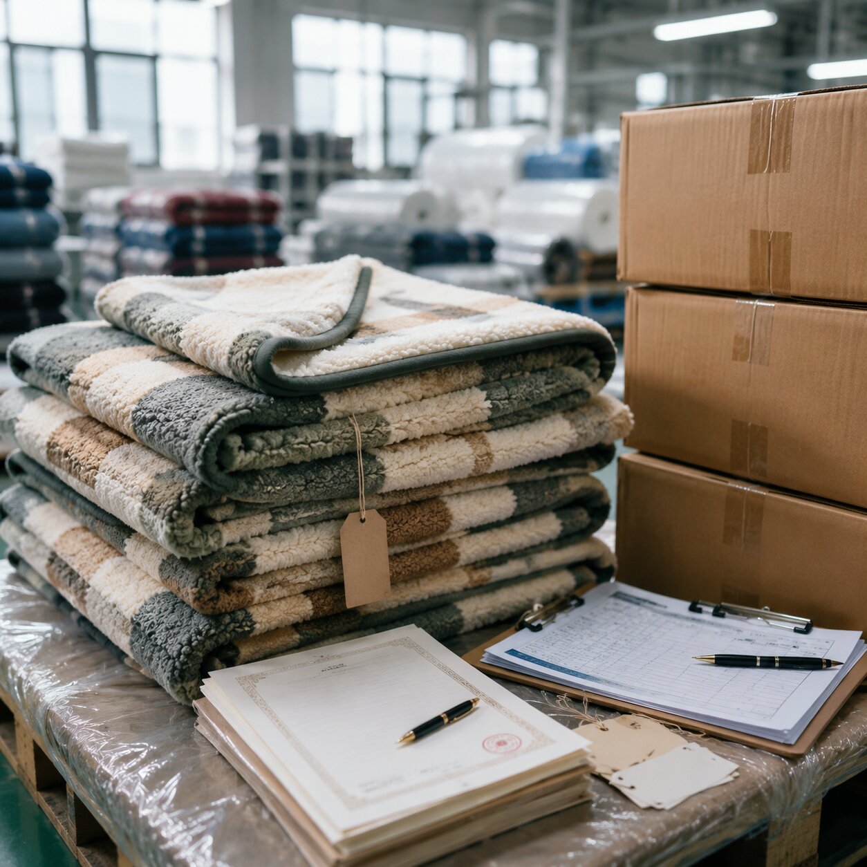 Stacked 250gsm RPET sherpa throws beside GRS paperwork, lot labels, carton marks, and QC check sheets in a textile mill office