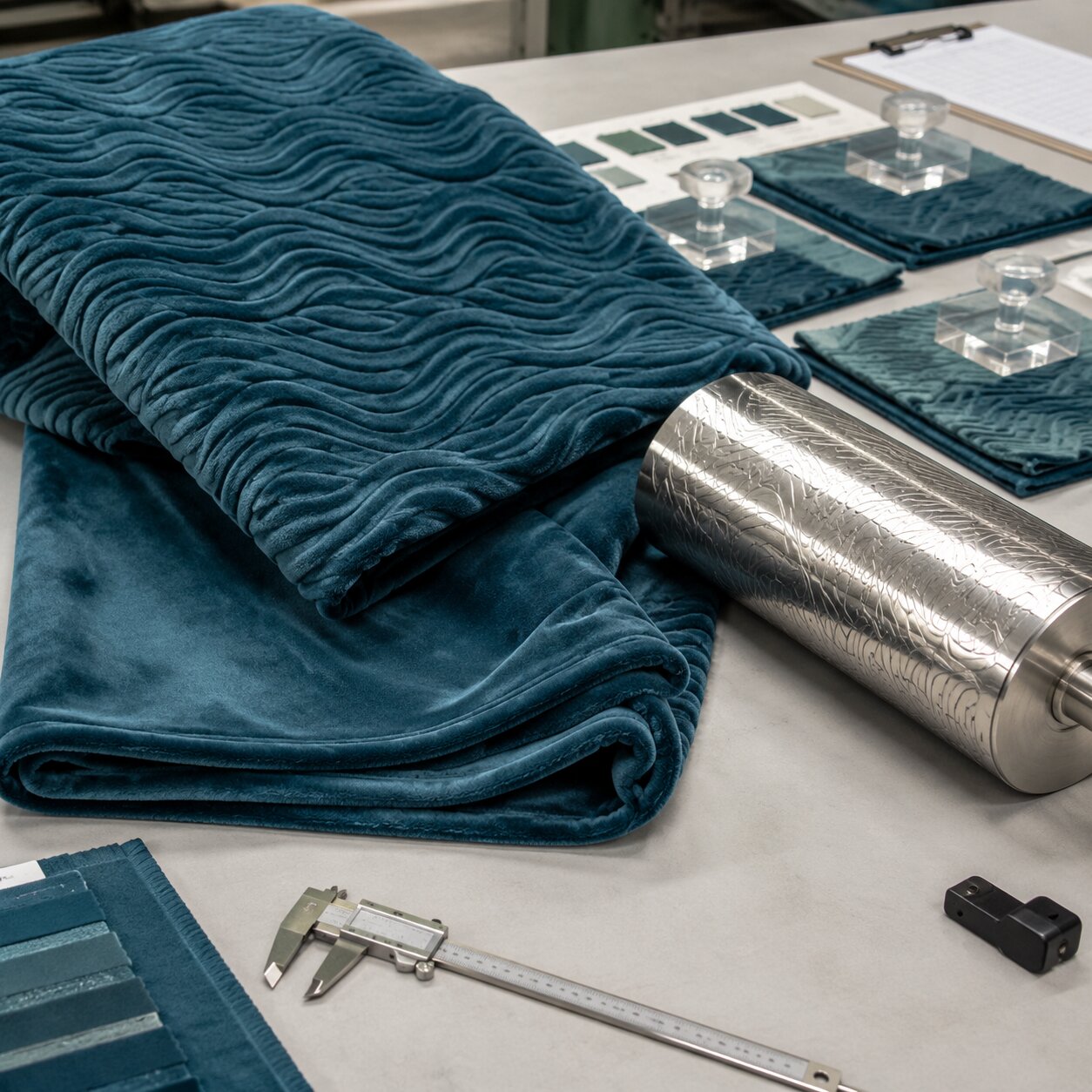 QC table with a heat embossed PV plush throw, approved roller, raking light, and recovery sample panels