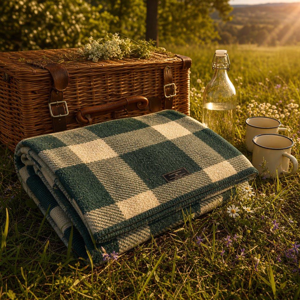 Folded tartan picnic blanket on lush meadow grass beside vintage wicker hamper at golden hour