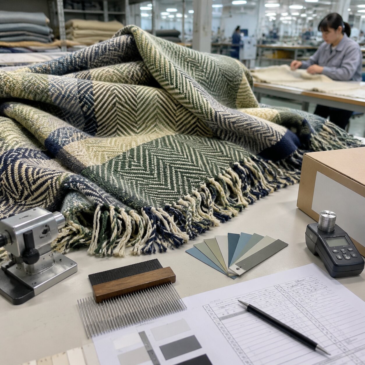 Close view of a 520gsm recycled polyester herringbone camp blanket showing yarn-dyed chevron texture and twisted fringe