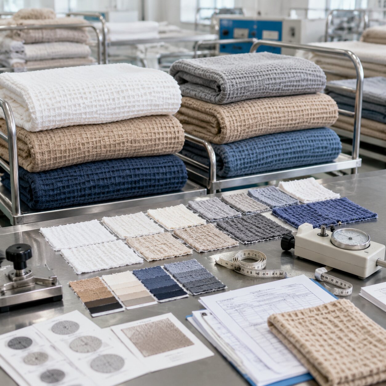 Stacked 330gsm polyester waffle hotel blankets beside pilling cards, wash-tested swatches, measuring tapes and QC reports in a textile inspection room