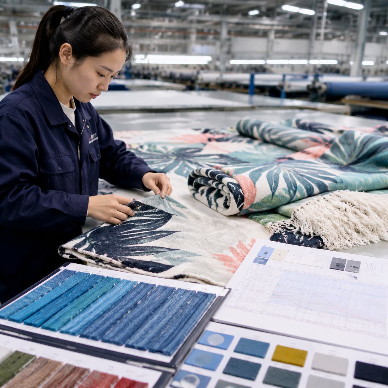 Printed 200gsm beach throws beside ISO 105-B02 blue wool references after xenon light exposure