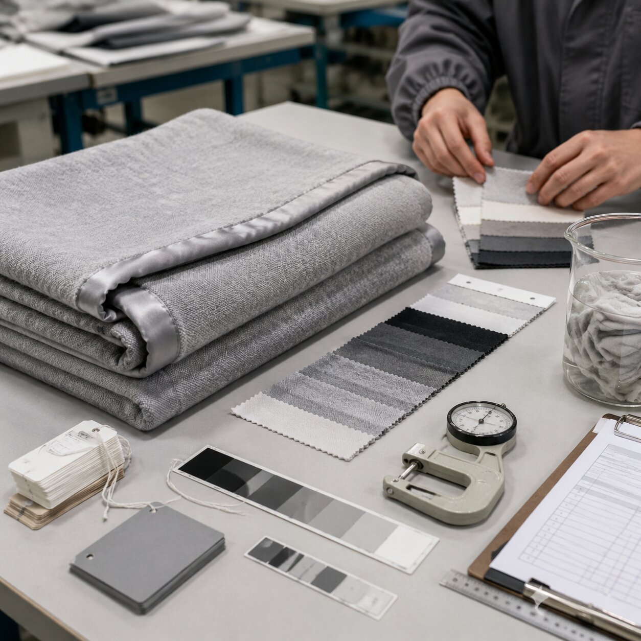 260gsm cotton-rich hotel spa throw with cream satin binding beside labelled wash fastness test swatches