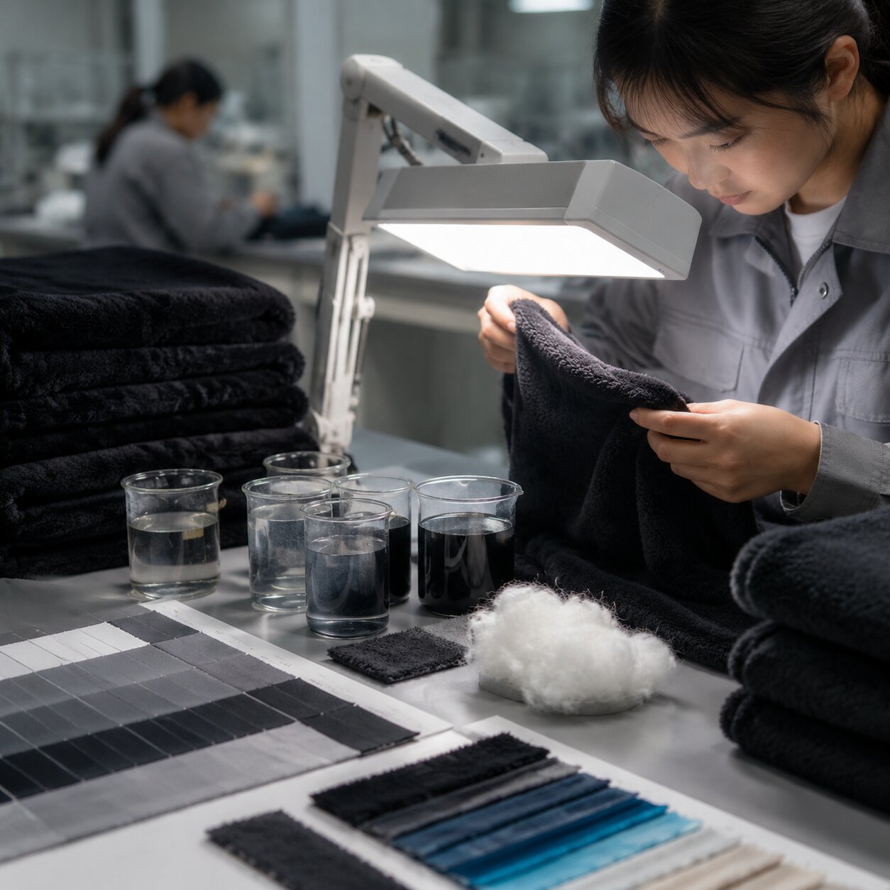 Black 280gsm coral fleece throw swatches with grey scale cards and multifibre staining fabric in a textile QC lab