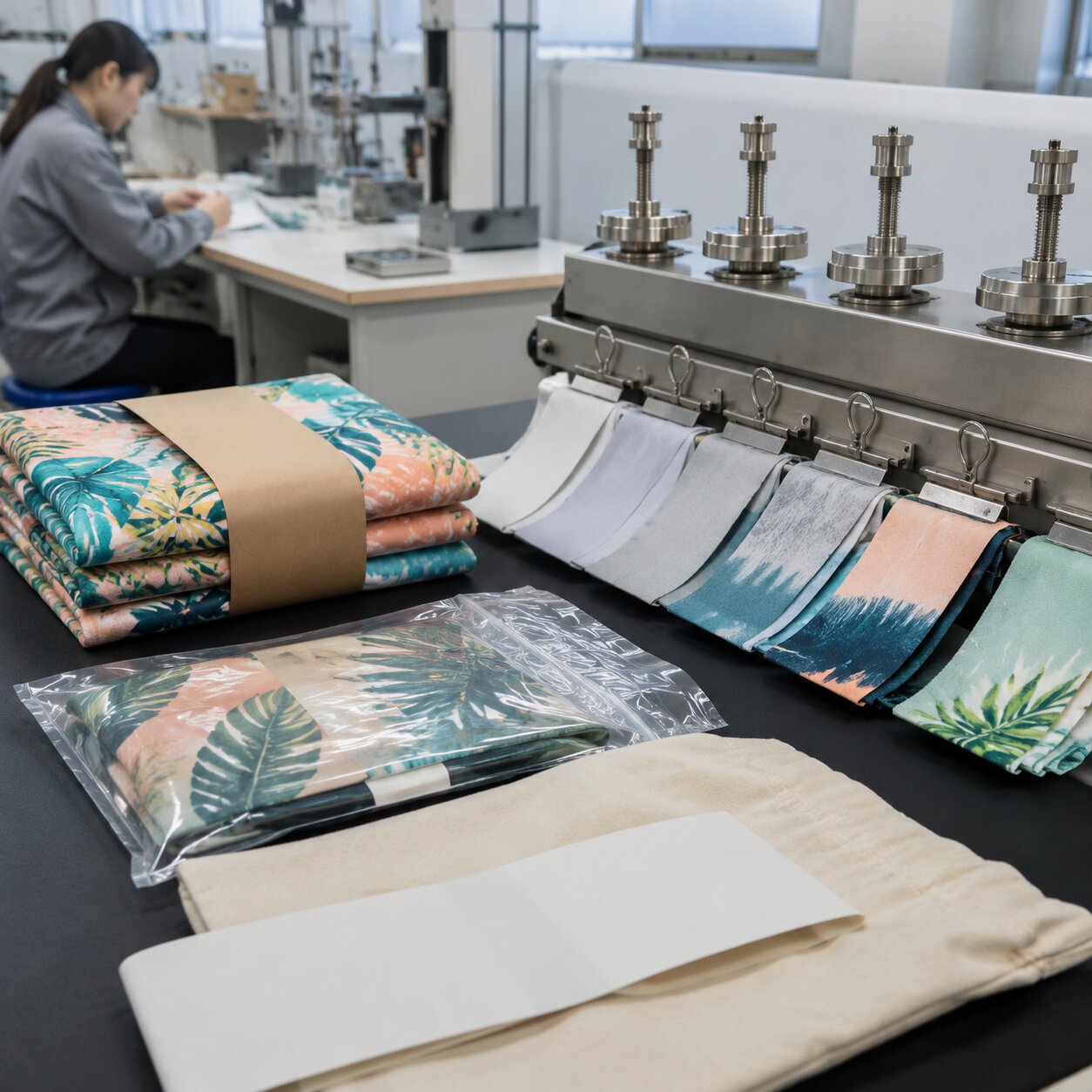QC lab testing printed 210gsm microfiber beach blanket swatches for perspiration colour fastness