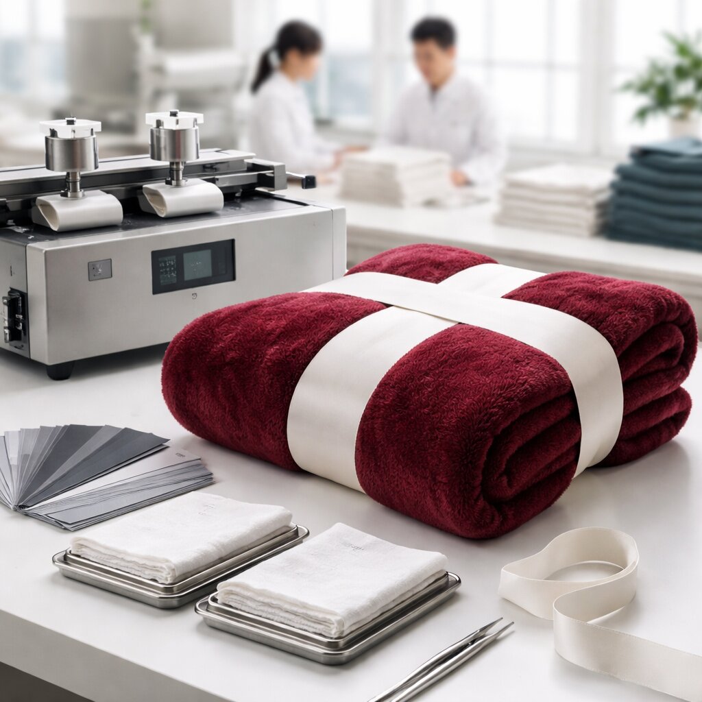 Red 300gsm flannel fleece throw fabric under ISO 105-X12 rubbing fastness test with stained white crocking cloths
