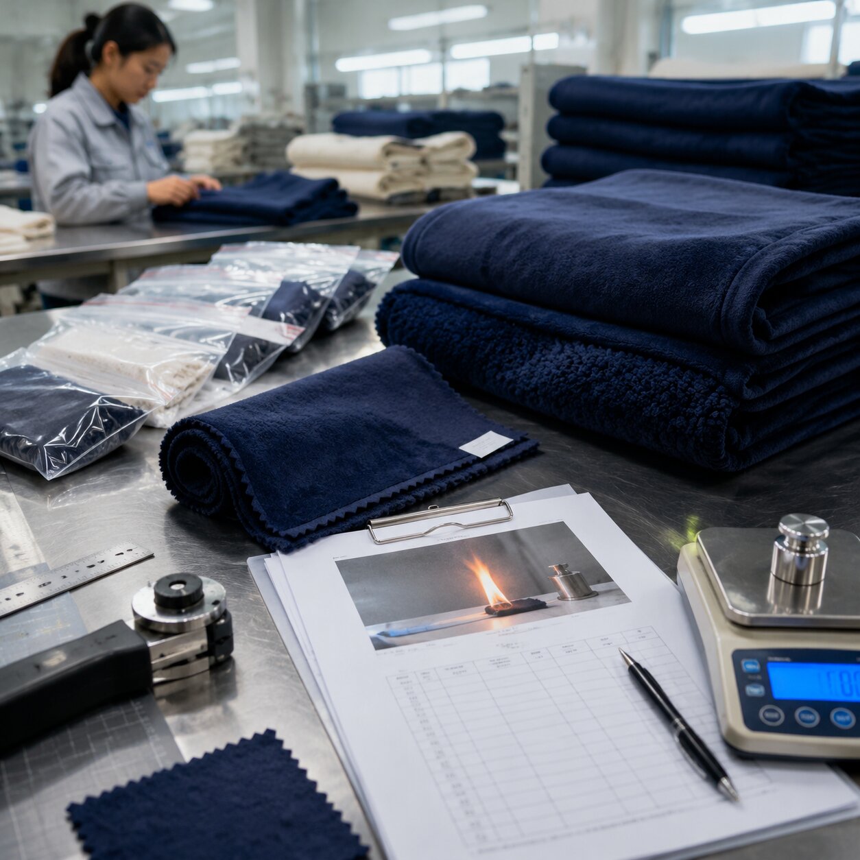 350gsm polyester hotel throw blanket folded beside labelled cigarette ignition test samples in a textile QC room