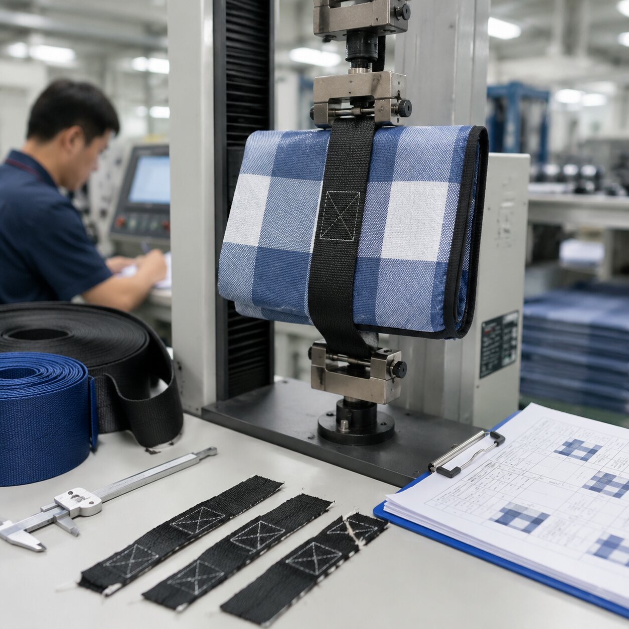 Close-up of 600D Oxford picnic mat carry strap with box-X stitching under tensile test clamps