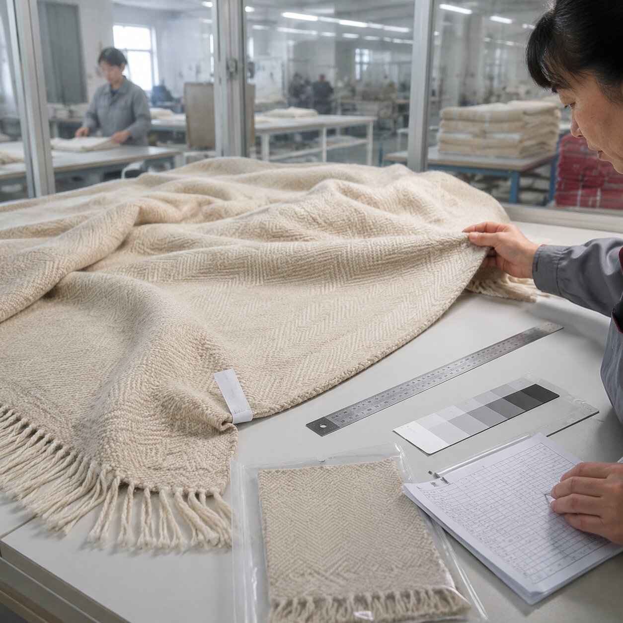 380gsm acrylic polyester throw laid flat after dry-cleaning assessment with measuring ruler, shade card and QC record sheet