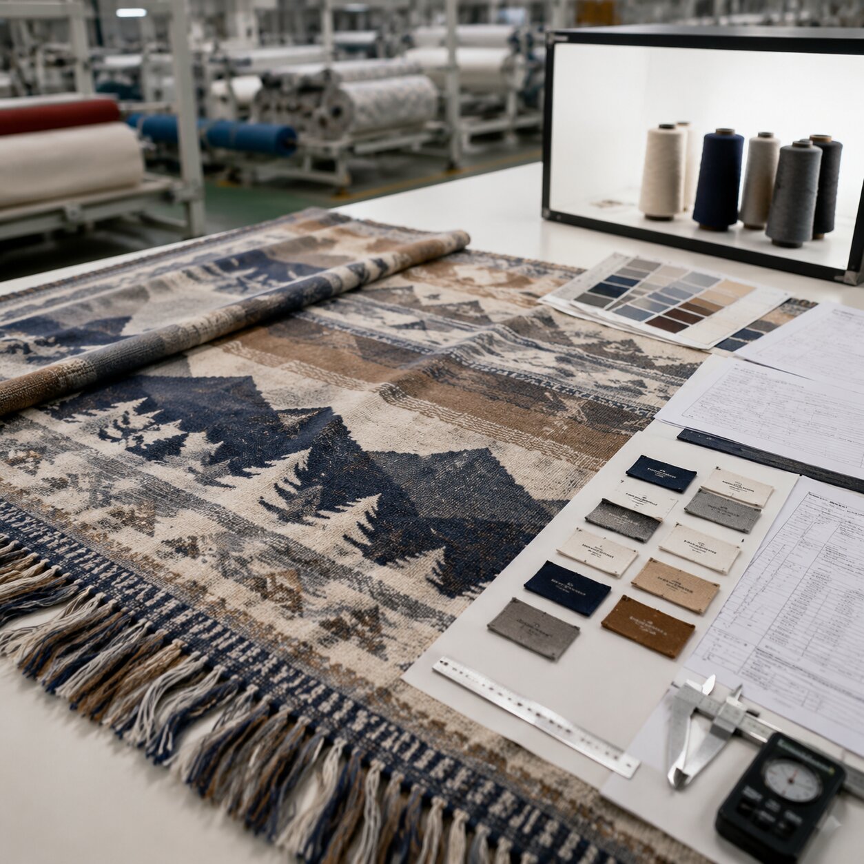 Close-up of a 300gsm acrylic jacquard blanket with woven care label, folded on a cutting table beside QC tools and woven sample swatches