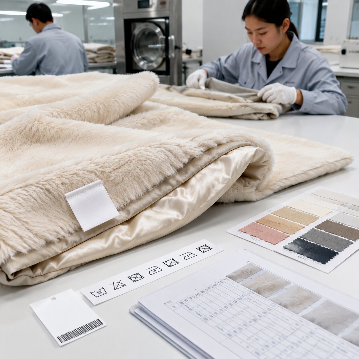 300gsm ivory faux fur polyester throw with sewn care label and wash test report on a QC inspection table