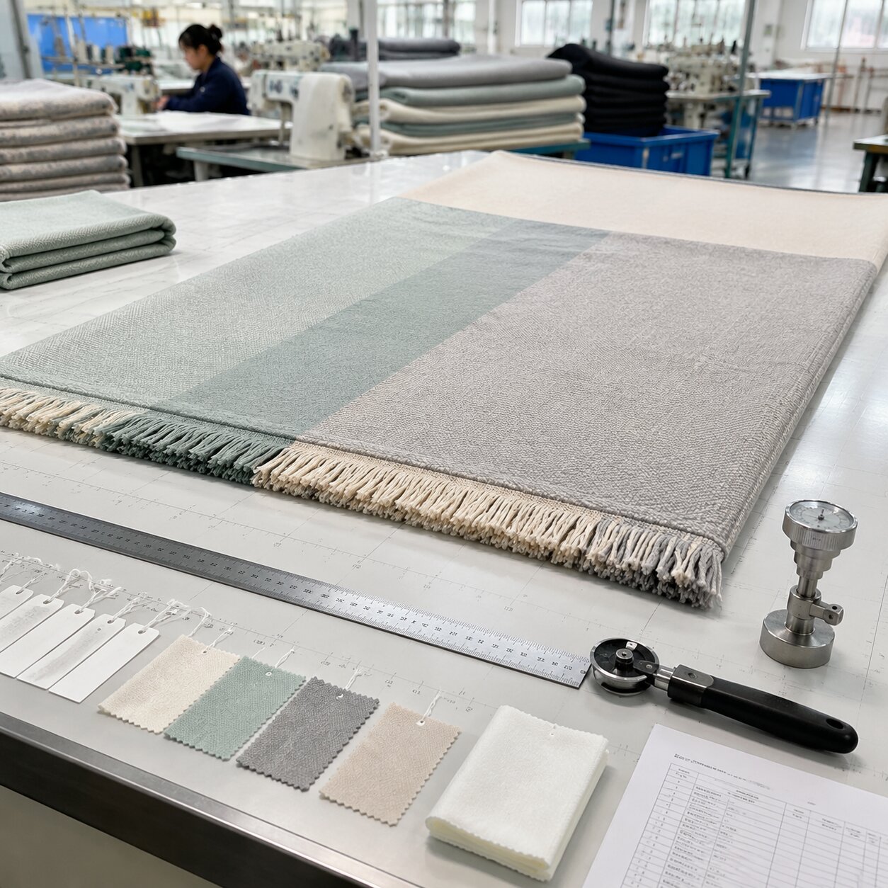 QC table with 260gsm cotton-poly knit throw marked for dimensional change measurement after tumble drying