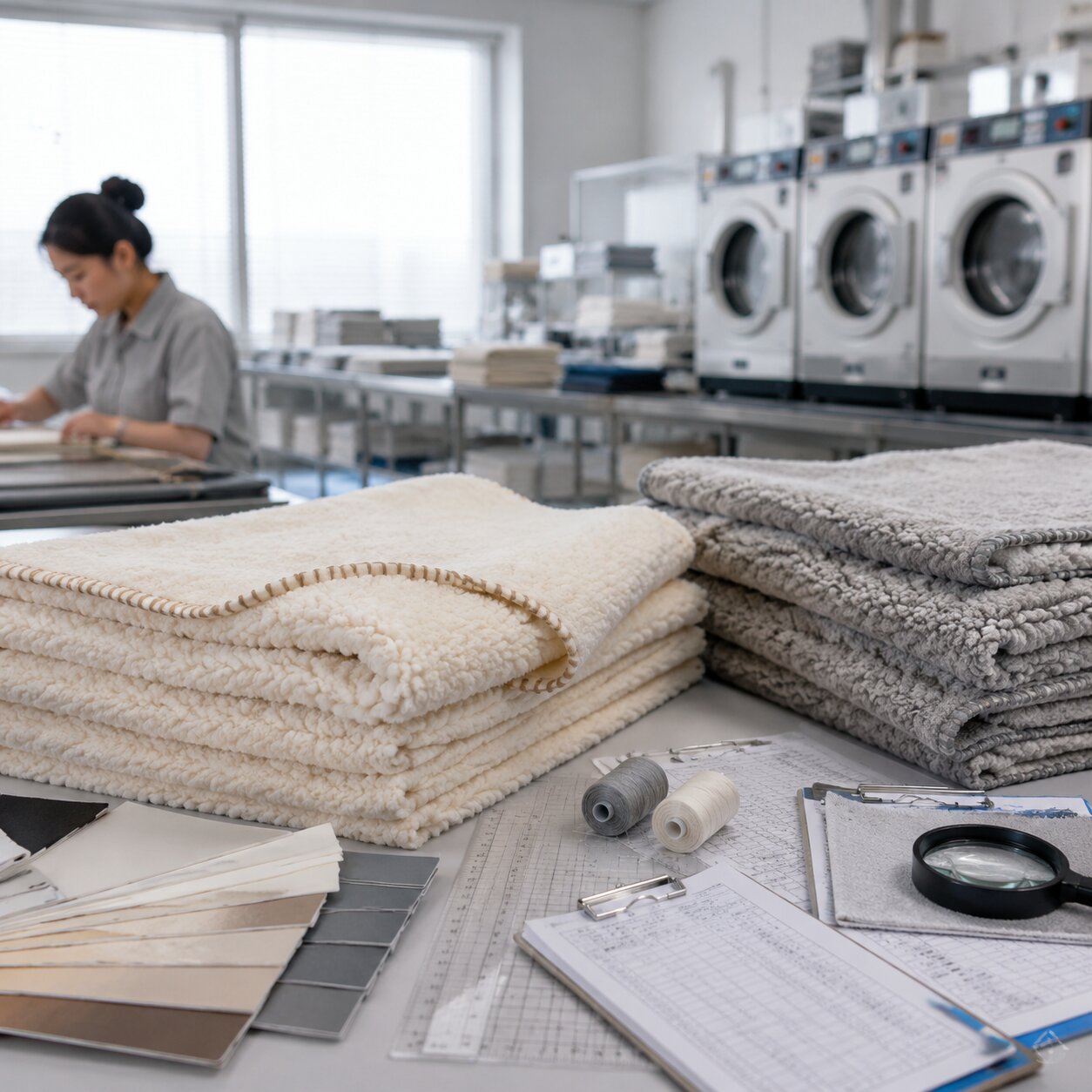 280gsm sherpa fleece blankets on a QC table with wash test records, rulers, retained approval samples and care label references
