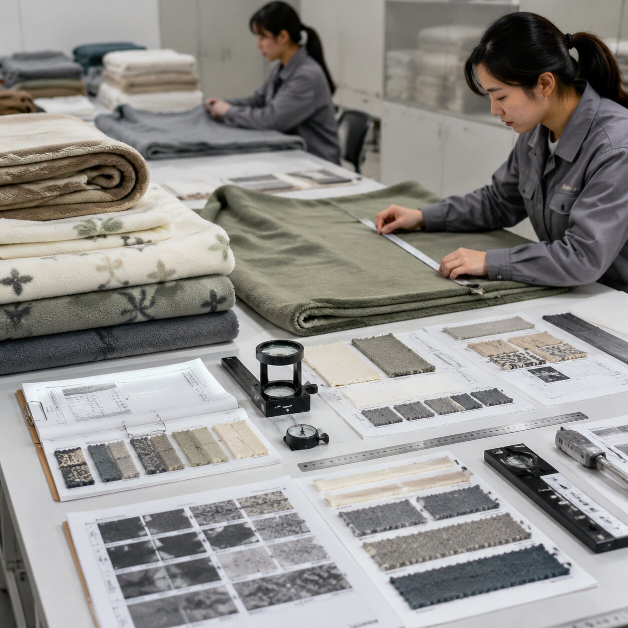 250gsm recycled polyester polar fleece throws on a QA inspection table beside care labels, wash test swatches, measurement markers and lab reports in a textile factory