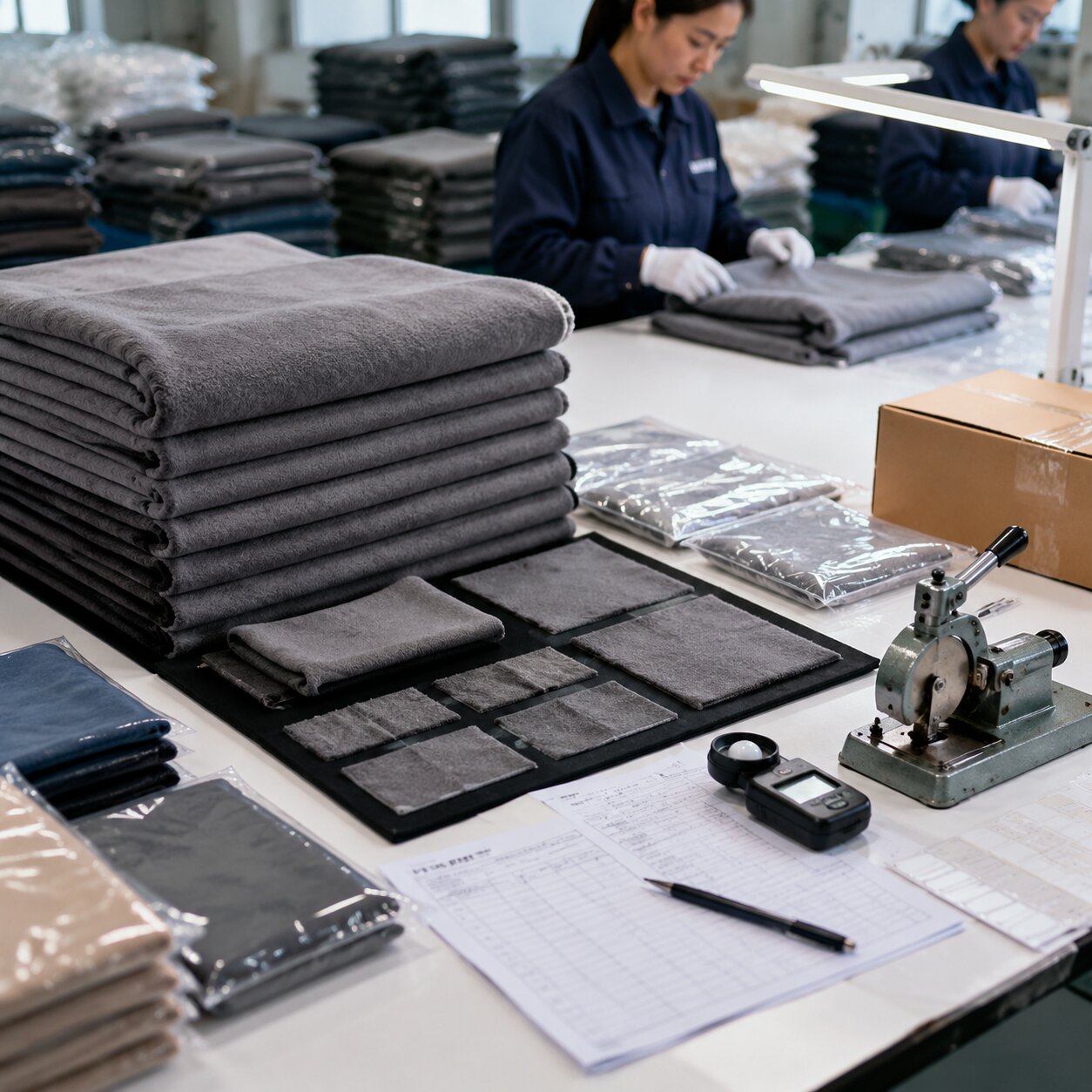 Close view of stacked 190gsm polyester airline blankets beside a lint test setup, black inspection panels and sealed QC sample bags on a factory table