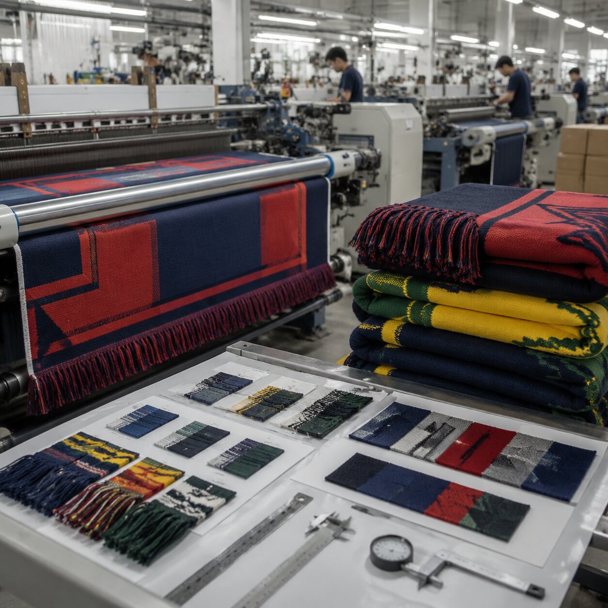 Jacquard-woven acrylic stadium blankets stacked in a textile mill, showing woven club colours, twisted fringe, and inspection labels
