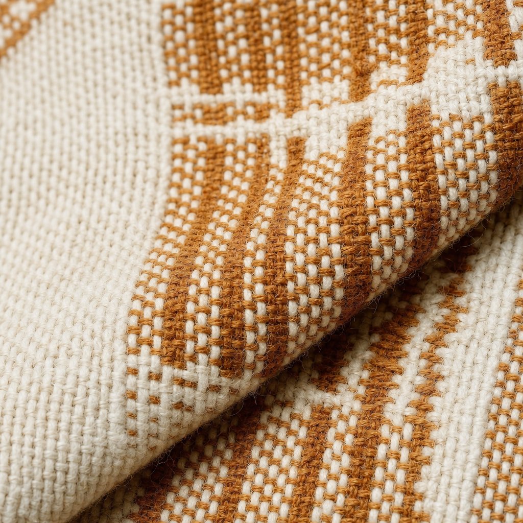 Intricate two-tone jacquard woven check pattern on cream and rust wool throw blanket macro detail