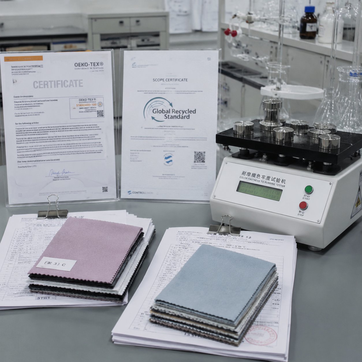 Textile testing lab bench with fabric samples, test reports and OEKO-TEX and GRS certificates