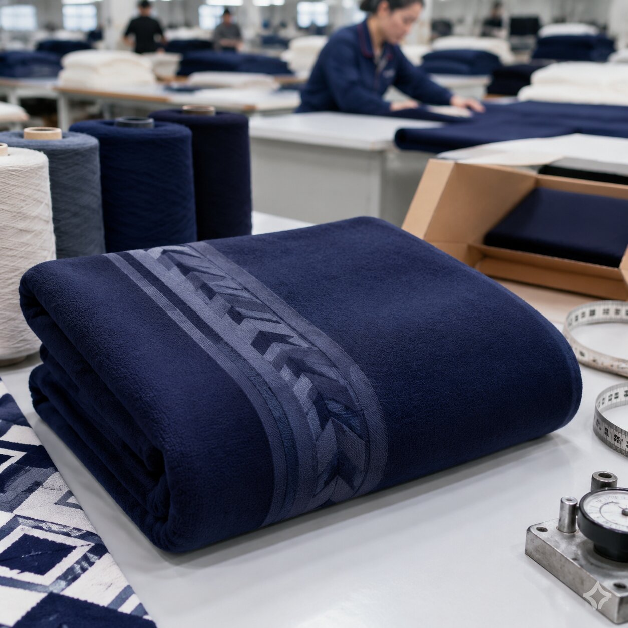 380gsm navy flannel fleece blanket with tonal jacquard logo border folded on a factory inspection table