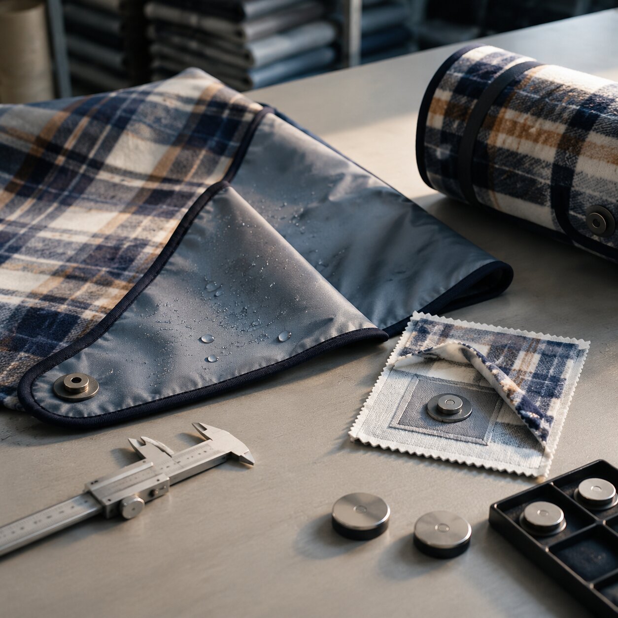 Textile QC bench with roll-up picnic blanket, hidden magnetic closure pocket, backing swatches, coated magnet samples, and water droplets