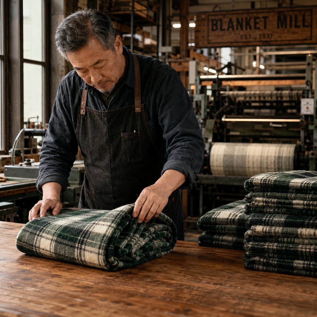 Experienced textile worker folding a finished tartan picnic blanket at the FIELDLOOM mill inspection table