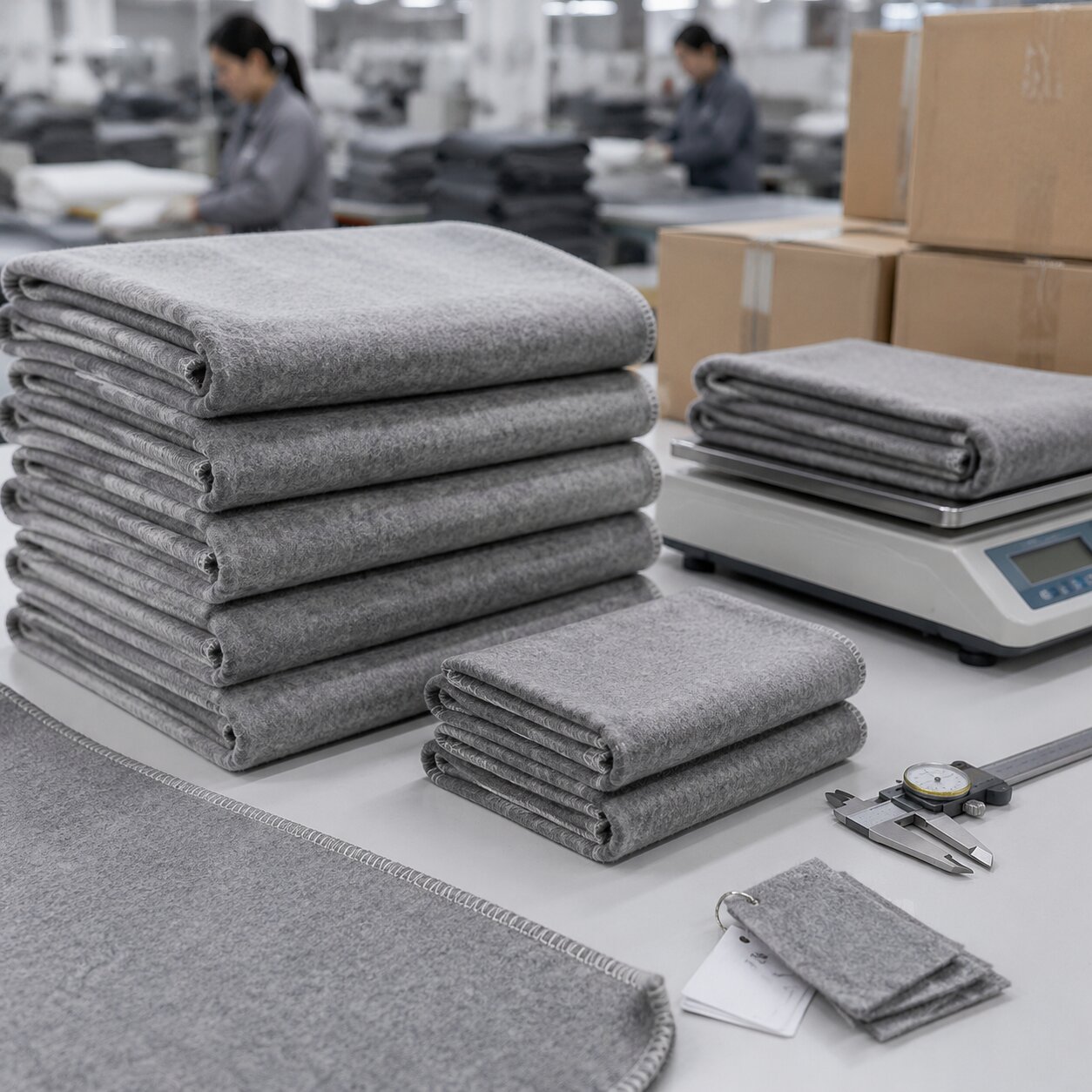 Stacks of grey needle-punched nonwoven polyester airline blankets with ultrasonic sealed edges on a packing table