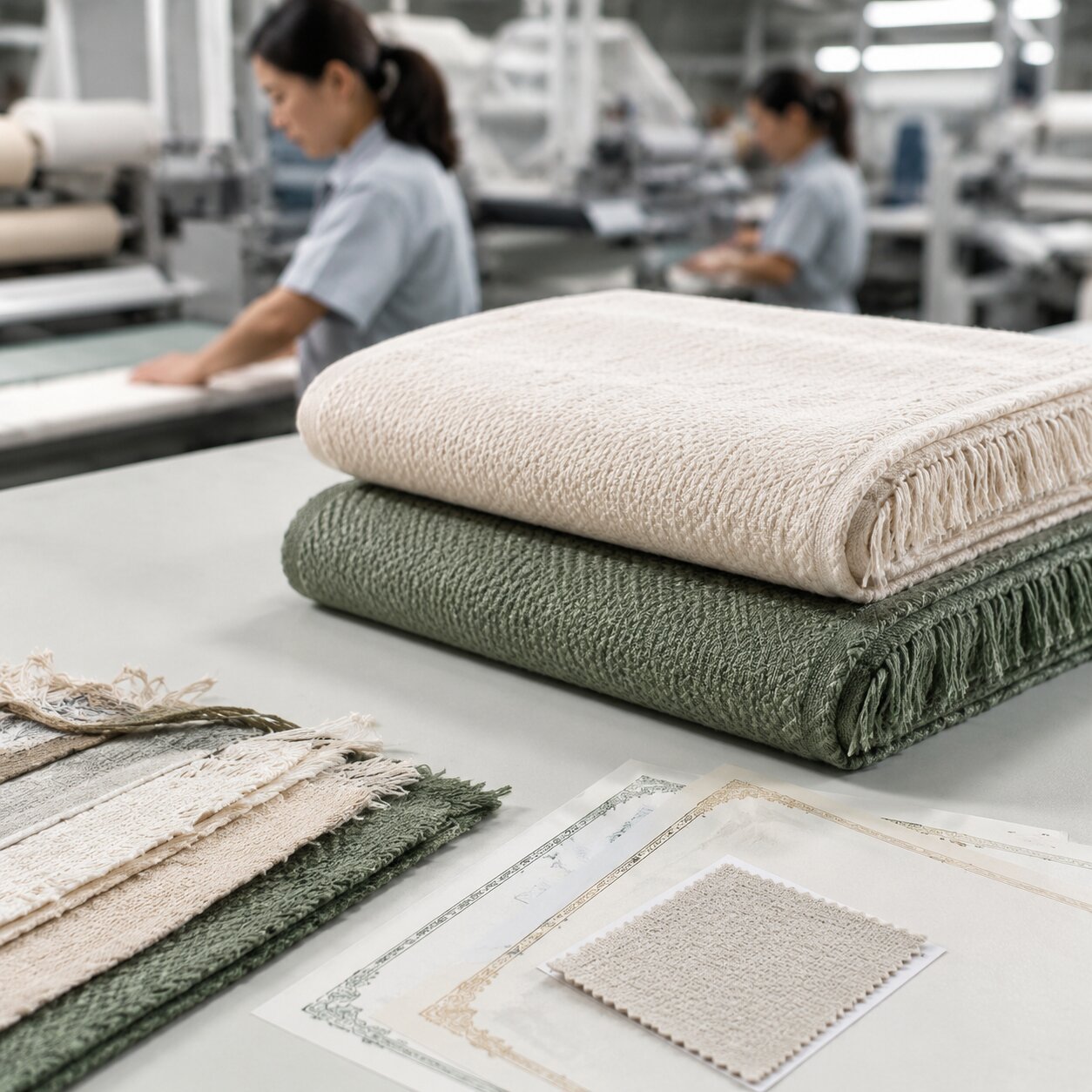 Stacked 320gsm bamboo-viscose throws beside certificate paperwork and fabric swatches on a textile inspection table