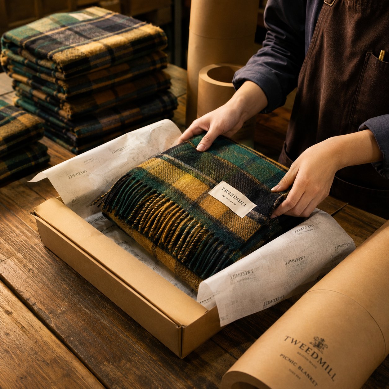 Folded blankets being inspected and packed after wash testing